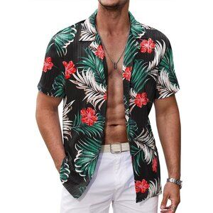 Men's Black-red Flower Casual Short Sleeve Button Down Textured Beach Shirts